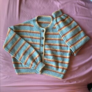Striped Teddy Jacket - Blue, yellow & brown buttoned cardigan